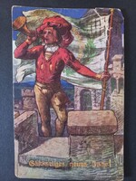 Régi grafikus rajzos képeslap Szerencsés Új Évet! német 1911 Újévre Középkori kürtös ala