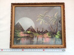 Falikép selyemkép - egyiptomi táj pálmákkal - keret 26x22cm kép23x19cm selyemre festett kép vintage