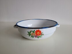 Old 26 cm enamel flower patterned enamel plate footed Bonyhád vintage decoration