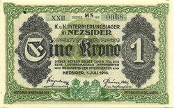 1 korona krone kronen 1916 K.u.K. Nezsider Hadifogolytábor szükségpénz UNC