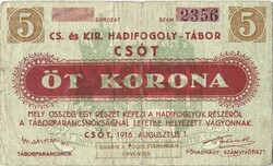 5 korona kronen 1916 K.u.K. Csót Hadifogolytábor szükségpénz