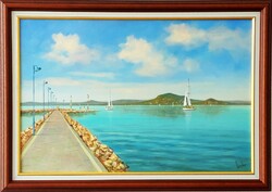 Balatonmáriafürdő kikötője – hangulatos balatoni tájkép, 40x60 cm, Lantos György olajfestménye