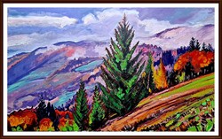Ott ahol a hegyek pipáznak, 60x100, olaj - Szervátiusz-díjas Homoki Gábor alkotása