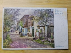 Antik grafikus lap,  tájkép, falusi utcarészlet, házak, postatiszta