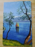 Antik grafikus lap,  tájkép, tenger, hajó, vitorlás, postatiszta