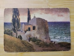 Antik grafikus lap,  tájkép, tenger, templom a tengerparton, postatiszta