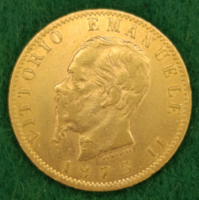 Olaszország -II. Viktor Emánuel király , 900 finomságú arany 20 Líra ,extra tartás /1873 kiadás/