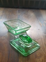 Német antik Art Deco zöld uránüveg pipere doboz - Geometrikus üveg bonbonier (1930)