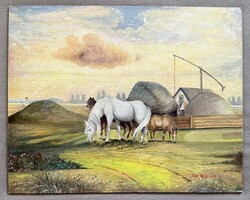 Alföldi puszta legelésző lovakkal – Lotz Károly utáni igényes festmény (50x40 cm, kartonvászon) 2017
