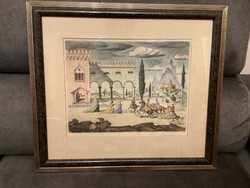 Molnár C. Pál (1894 - 1981): Középkori jelenet, rézkarc, akvarellel színezve
