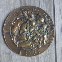 Érdekes régi domborműves vallási réz plakett (12x0,4 cm)