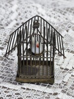 Miniatűr madárkalitka madárkával,  régi makett dekoráció!  51.