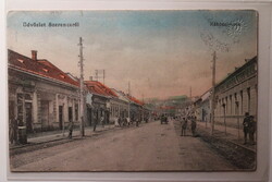 Képeslap, Szerencs, Rákóczi út, Schönfeld Zoltán könyvkereskedő kiadása 1914