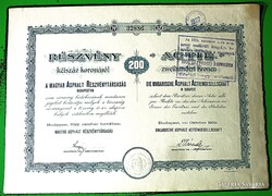 Magyar Asphalt R.T. részvénye 1922, 200 Korona
