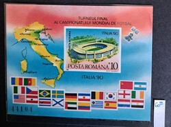 Románia 1990 Italia '90 Foci VB vágott emlékblokk MNH (LP 1238) ritkább