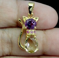 Hollóházi Amethyst Citrine Ruby Cat 925 Silver Pendant Brooch