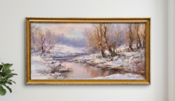 Csabai Pántl László: Winter landscape with river - large oil-on-canvas painting beautiful, in a patinated frame