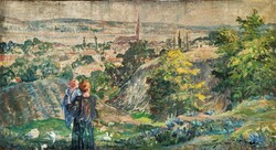 120x67cm !!! Nyergesújfalu látképe Antik festmény 1900 körül Ismeretlen szignó Kernstok K. köre