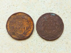 Portugália 2 db Különböző Érme 20 Reis 1883 1897