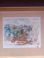 Bokros László : "Gölöncsér látomása" ritka ,vagy egyedi, színes szürrealista rézkarc