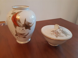 Wallendorf aranyozott halakkal díszített porcelán bonbonier és váza