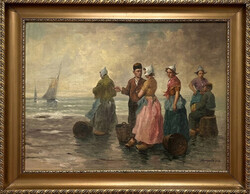 Ferenc Krupka – Seaside Genre Scene, Oil Painting