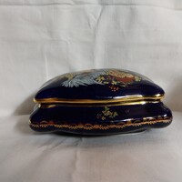 Jelzett festett aranyozott kobaltkék porcelán bonbonier, doboz
