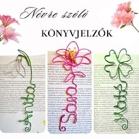 Névre szóló, virágos könyvjelzők drótból - Liliom, hóvirág, lóhere - ajándék ballagásra, szülinapra