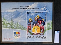 Románia 1992 Albertville Téli Olimpia vágott emlékblokk (Bob) – Sorszámozott, MNH