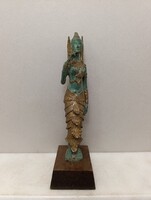 Antik szertartási táncos nő színezett kis bronz szobor fa talpon buddha buddhizmus Thaiföld 812 6827