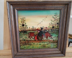 Naive style glass painting 27x27 cm made without frame.