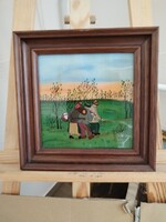 Naive style glass painting 27x27 cm made without frame.