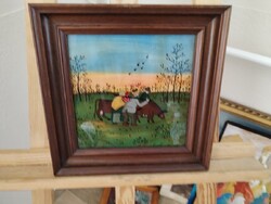Naive style glass painting 27x27 cm with frame