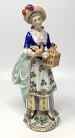 Sitzendorf jelzett porcelán figura, hölgy madárral és kalitkával (24cm) RZ