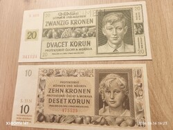 Cseh-Morva Protektorátus Bankjegyek 10 Korun , 20 Korun  ( 1942 ,1944 Specimen) UNC