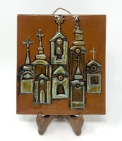 Urbán Teréz mázas Szentendre városkép fali kerámia, falikép (20x18cm) RZ