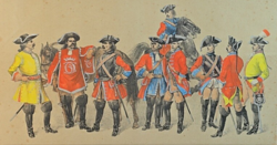 Antique, Hand-Colored Lithograph - Development of the Royal Danish Guard Uniforms (1675-1781)
