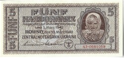 5 karbowanez karbovanec 1942 Ukrajna német megszállás UNC