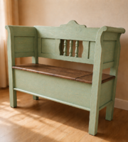 Folk Style Horse Cart Wooden Chest, with Arms, Armchair, and Lid-Opening Storage Bench