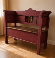 Folk Style Horse Cart Wooden Chest, with Arms, Armchair, and Lid-Opening Storage Bench