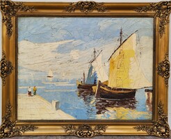 Zólyomi Remecz László olajfestménye 1900 körüli Mediterrán tengerpart EREDETI GARANCIÁVAL !