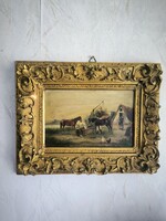 Antik Biedermeier tàjkép figurális fàra festett. Lovak ,ló itatàs !