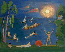 Székely Endre (1917-2014) Nudisták a Balaton partján- hangulatos balatoni életkép /számlát adunk/