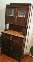 Antique, marble-top, polished glass-fronted small sideboard.