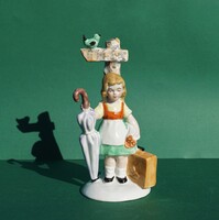 Régi német porcelán Wagner & Apel GDR Lippelsdorf kislány útelágazásnál kis utazó gyerek figura