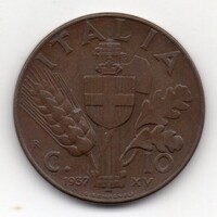 Olaszország 10 olasz centesimi, 1937, jobb évszám, aUNC
