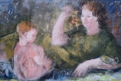 Dienes István: Anya gyermekével (keretezett kép) Meghitt jelenet, életkép remek színekkel, 1961