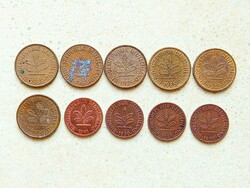 Németország NSZK 10 db Különböző Érme 1 5 Pfennig 1950-1991