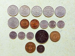 Svédország 18 db Különböző Érme 1 2 5 10 25 50 Öre 1947-2001
