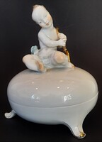 Lőrincz István (1901-1985): SIGNED! Herendi porcelain bonbonier with Ámor / putto figure, 1947.